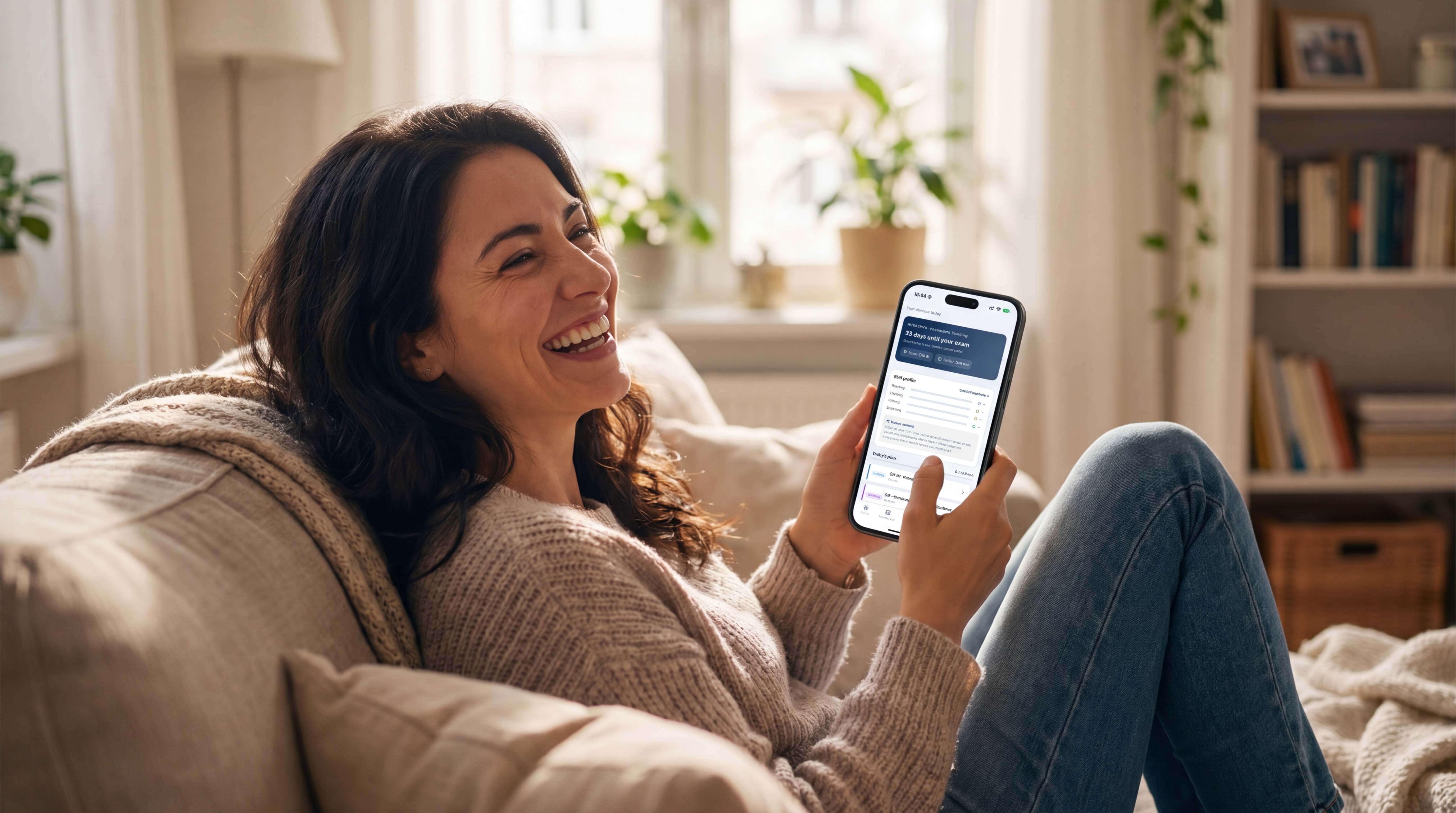 Woman relaxing on a couch while using the Prepilingo app to prepare for her German exam